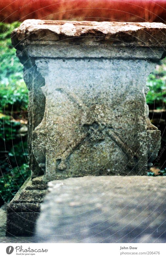 Pirate's Grave Old Creepy Mysterious Past Transience Death's head Sarcophagus Cemetery Analog Light leak Ornament Tombstone Blur Exterior shot Deserted