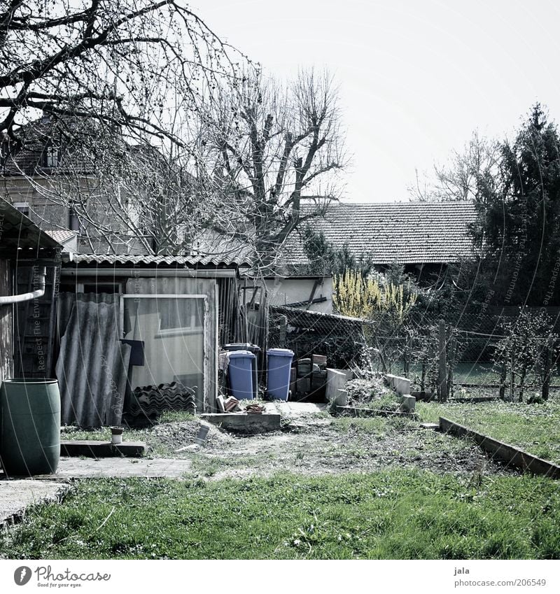 In the garden behind the house Sky Plant Tree House (Residential Structure) Hut Manmade structures Building Garden Gloomy Untidy Trash container Colour photo