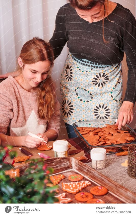 Girl decorating Christmas gingerbread cookies with frosting Decoration Table Kitchen Feasts & Celebrations Child Human being Woman Adults Family & Relations 2