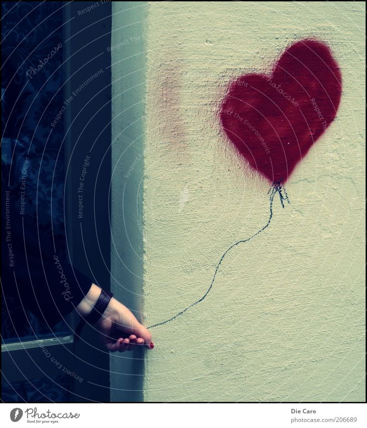 the Heart Balloon Sign Graffiti Uniqueness Creativity Colour photo Exterior shot Day Heart-shaped Joke Street art Joy Hand Arm Stop Art Work of art