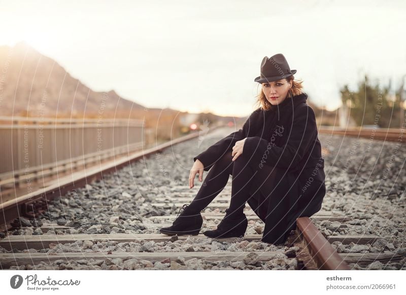 Girl waiting train on the platform of railway station Lifestyle Elegant Style Beautiful Vacation & Travel Tourism Trip Adventure Freedom Human being Feminine