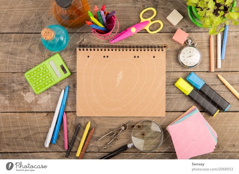 Back to school concept - school supplies on the wooden desk Clock School Scissors Infancy Group Book Accessory Observe Above Black Colour assortment back