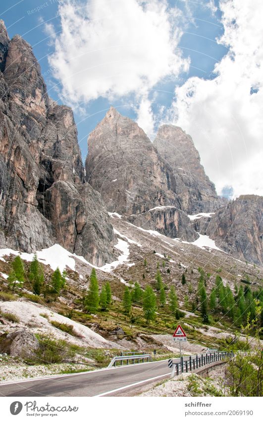 Torri del Sella Environment Nature Landscape Clouds Beautiful weather Rock Alps Mountain Peak Street Exceptional Wall of rock Cervice Rock formation Tree