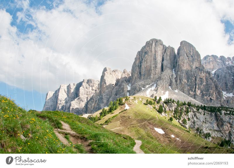 Passo Gardena Environment Nature Landscape Plant Clouds Tree Meadow Hill Rock Alps Mountain Peak Exceptional Bizarre Steep Lanes & trails Rock formation