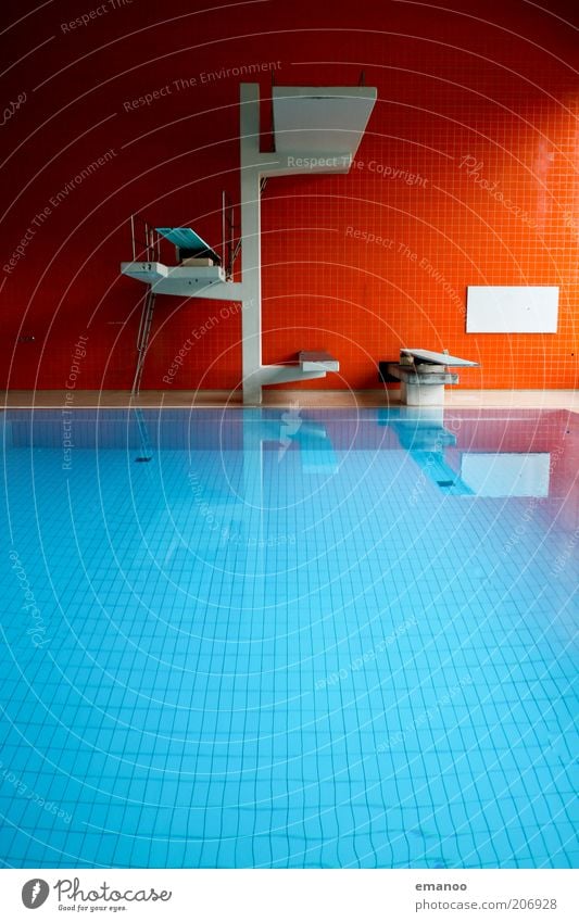 fin. Sports Aquatics Swimming pool Water Sharp-edged Blue Red Tower Springboard Pool border Colour photo Multicoloured Interior shot Pattern