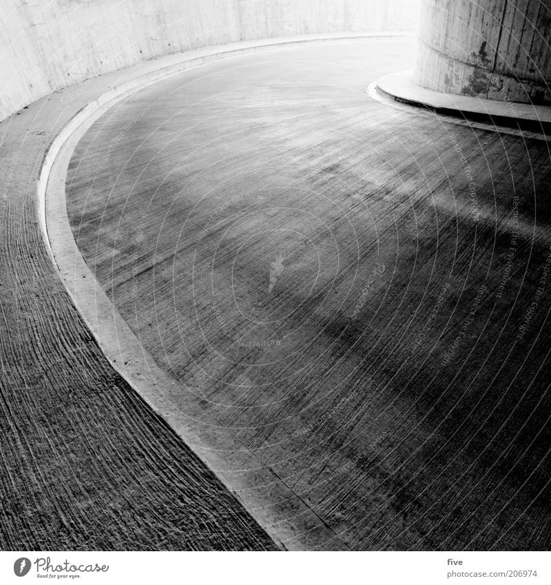 curve Parking garage Manmade structures Building Architecture Wall (barrier) Wall (building) Transport Street Cold Black White Curve Asphalt Concrete