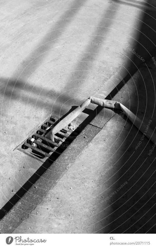 hose in gully Construction site Traffic infrastructure Street Lanes & trails Hose Gully Black & white photo Exterior shot Deserted Copy Space left