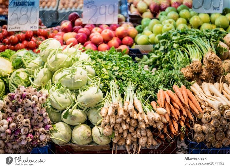 vegetable market Food Vegetable Lettuce Salad Nutrition Organic produce Vegetarian diet Diet Kohlrabi Carrot Rapes Onion Apple Colour photo Interior shot