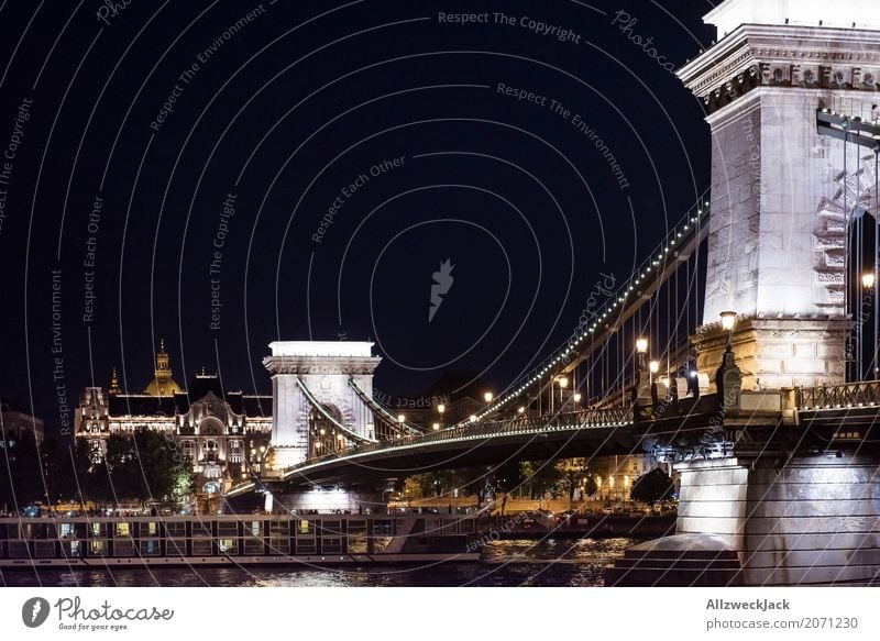 Budapest Chain Bridge illuminated at night Europe Hungary Danube Night shot Deserted Lighting Suspension bridge Landmark Tourist Attraction Artificial light