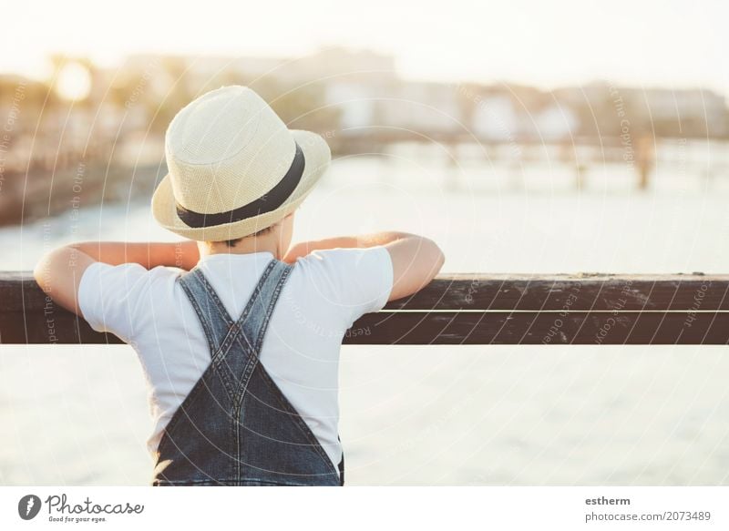 Thoughtful boy with hat Lifestyle Vacation & Travel Adventure Freedom Human being Child Toddler Boy (child) Infancy 1 3 - 8 years Coast Beach Bay Hat Think