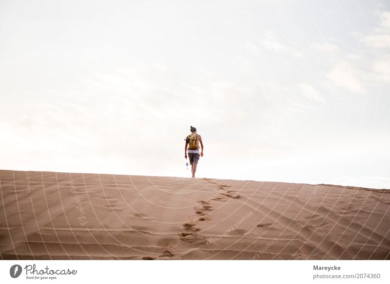 Man on the horizon Human being Masculine Adults Body 1 18 - 30 years Youth (Young adults) Nature Landscape Warmth Beach Desert T-shirt Long-haired Sand Going