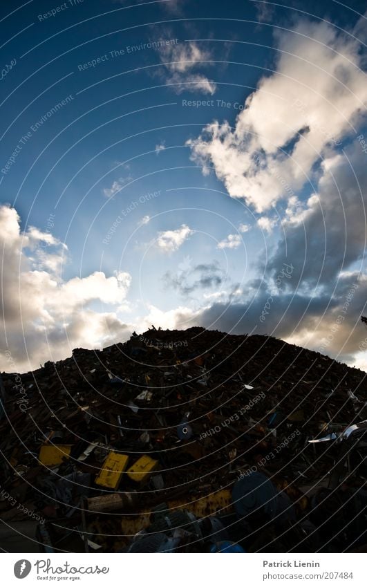 mountain of rubbish Environment Looking Trash Tin Scrap metal Scrapyard Ready for scrap Old Broken Tall Mountain Sky Blue Clouds Converse White Lighting Sunset