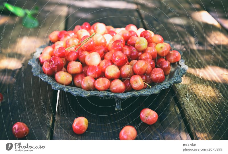 Pink cherry in a metal plate Fruit Nutrition Plate Summer Table Wood Eating Fresh Retro Juicy Yellow Red Cherry many vintage Berries sweet ripe Tasty