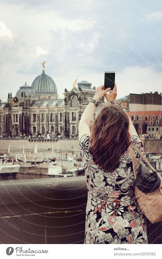 brunette woman photographs the historical old town of dresden with smartphone Vacation & Travel Tourism Trip Sightseeing City trip Cellphone PDA Human being