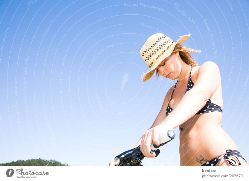 Phew, now there can be no Woman Bicycle Summer Bikini Athletic Exhaustion Hat Sunhat Fatigue Warmth heat wave Thin Attractive Sky Blue Stand Break Make Blue sky