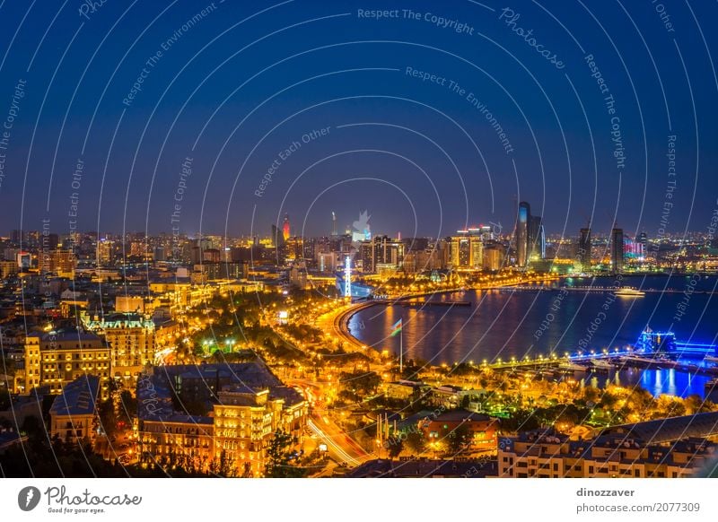 View over Baku at night, Azerbaijan Vacation & Travel Tourism Summer Ocean Landscape Town Downtown Skyline High-rise Building Architecture Monument Street