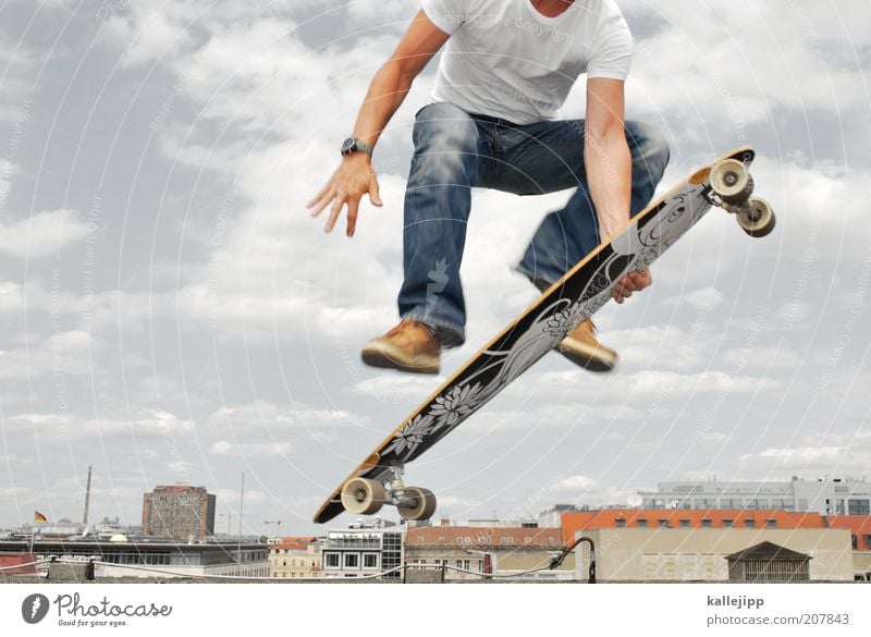 skylineboarding Lifestyle Leisure and hobbies Sports Fitness Sports Training Human being Masculine 1 Jump Longboard Skateboard Funsport Skyline Berlin Trick