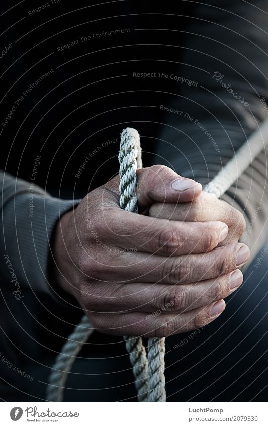 firmly under control Masculine Hand Fingers Wrinkle Rope Fisherman Watercraft Maritime Loneliness Shadow Pride tanned leathery Work and employment Working man