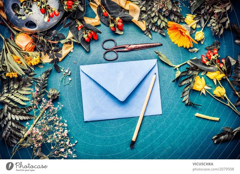 Envelope with flowers and pencil Lifestyle Style Design Feasts & Celebrations Nature Plant Autumn Flower Blossom Decoration Bouquet Hip & trendy Retro