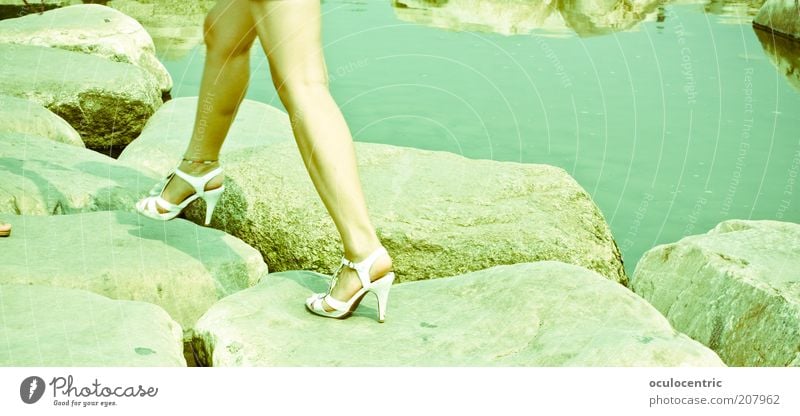 over stick and stone Feminine Young woman Youth (Young adults) Legs 1 Human being 18 - 30 years Adults Water Beautiful weather Brook Stony Offroad High heels