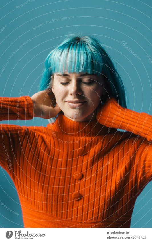 Portrait of young beautiful blue haired woman wearing red top smiling Style Beautiful Wellness Harmonious Well-being Contentment Senses Relaxation Calm Feminine