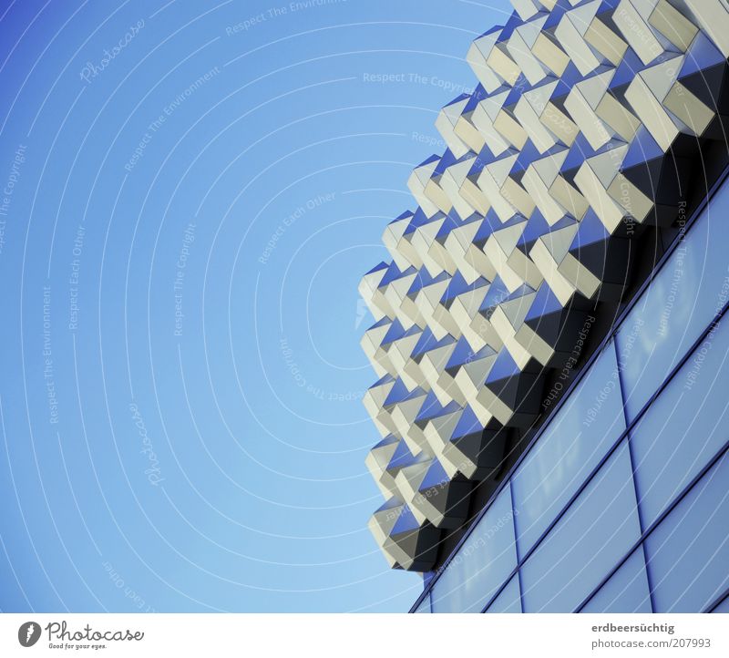 In new splendour House (Residential Structure) Building Architecture Glass Metal Modern Retro Blue Silver Facade Geometry Blue sky Cloudless sky Reflection