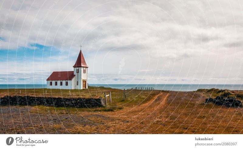 Remote church by the sea in Iceland Environment Nature Landscape Plant Sky Clouds Summer Autumn Grass Field Emotions Moody Power To console Belief Loneliness