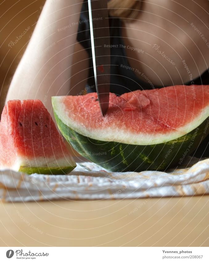 melon Food Fruit Dessert Nutrition Eating Organic produce Vegetarian diet Diet Melon Water melon Fresh Red Knives Cut Delicious Colour photo Woman Low neckline