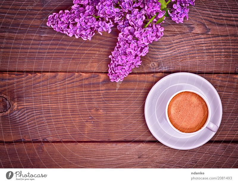 cup of espresso coffee Breakfast Beverage Coffee Espresso Plate Mug Table Restaurant Nature Flower Bouquet Wood Fresh Hot Above Retro Brown White Café Lilac