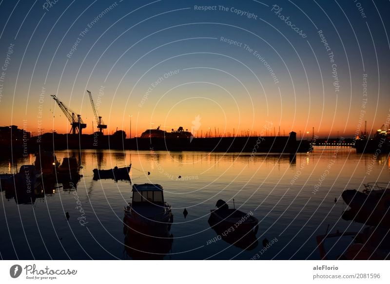 Harbour at twighlight Water Sky Cloudless sky Sunrise Sunset Spring Beautiful weather Warmth Coast Bay Livorno Italy Europe Port City Boating trip Fishing boat