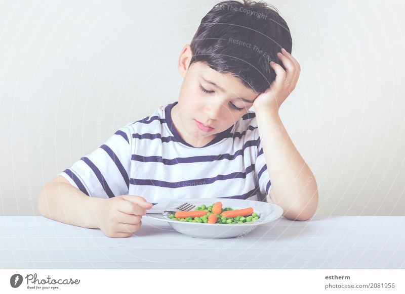 Sad child with a meal Food Vegetable Nutrition Eating Plate Fork Lifestyle House (Residential Structure) Human being Masculine Child Toddler Boy (child) Infancy