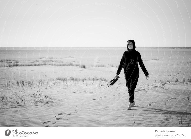 lady in black Feminine Young woman Youth (Young adults) 18 - 30 years Adults Environment Nature Landscape Elements Earth Sand Air Sky Cloudless sky Summer Coast