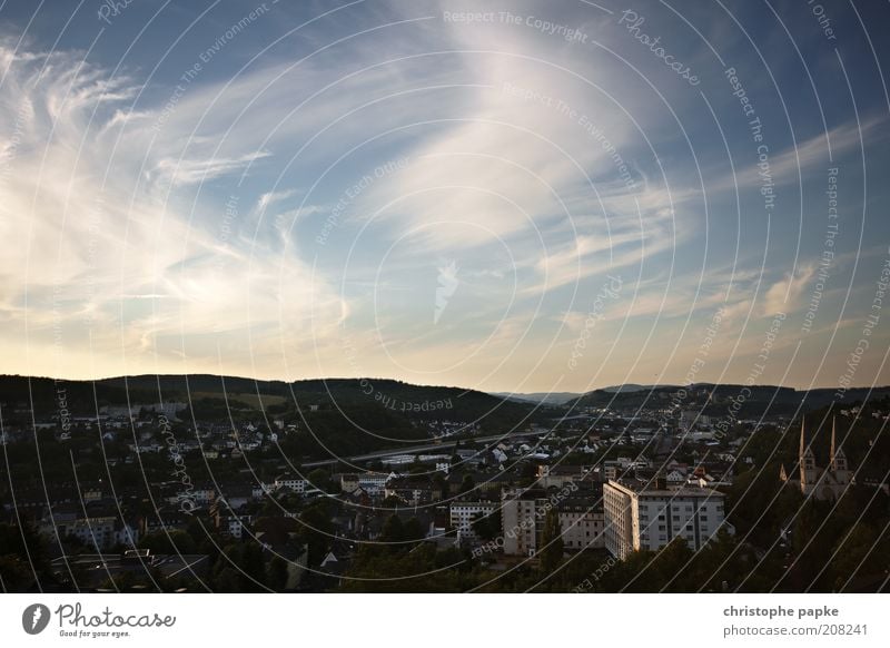 victories Sky Clouds Beautiful weather Hill Small Town Downtown Skyline Siegerland Colour photo Exterior shot Deserted Copy Space top Copy Space middle Dawn