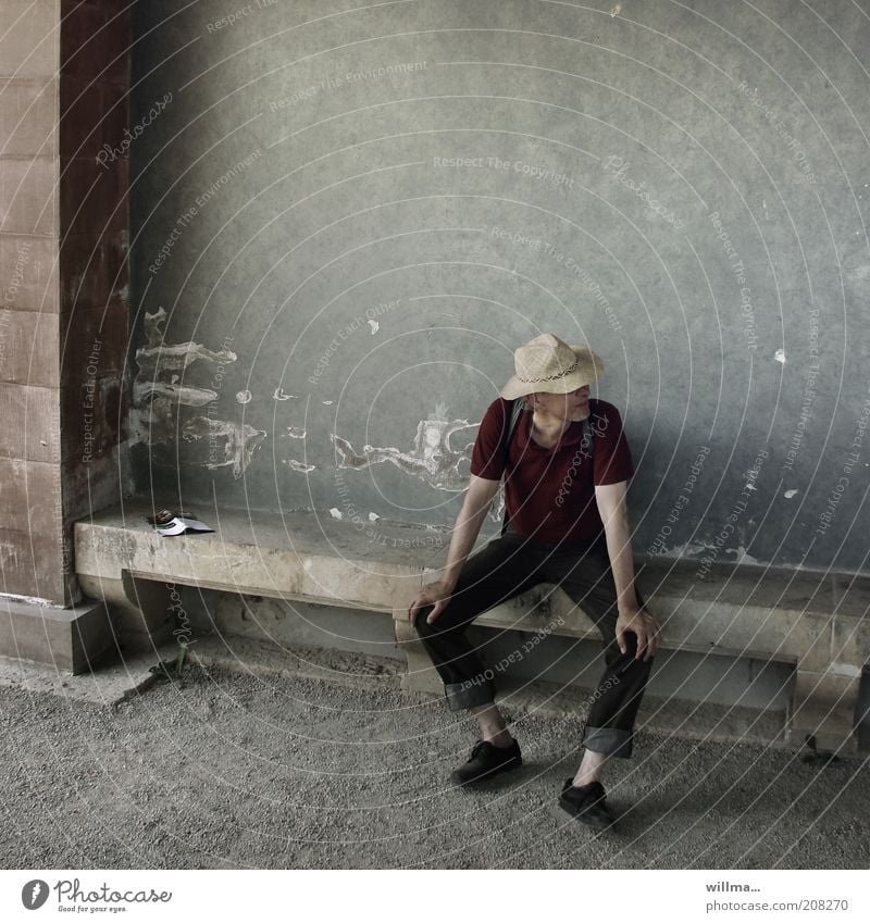 The man with the straw hat Man hikers Sit rest Observe Calm free time Relaxation Time Contentment Break Bench Straw hat Meditative Gloomy Looking away