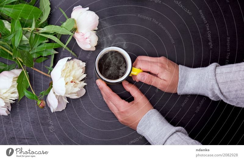 Yellow mug in female hands Breakfast Beverage Coffee Espresso Cup Table Restaurant Hand Flower Bouquet Wood Blossoming To enjoy Hang Fresh Hot Above Retro Pink