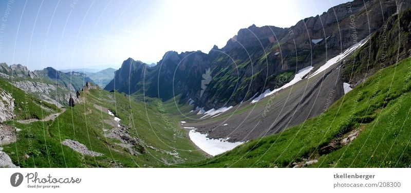 The way Nature Landscape Elements Earth Sky Cloudless sky Summer Grass Alps Mountain Alpstein High box Rothstein Pass Blue Brown Gray Green Snow Meadow