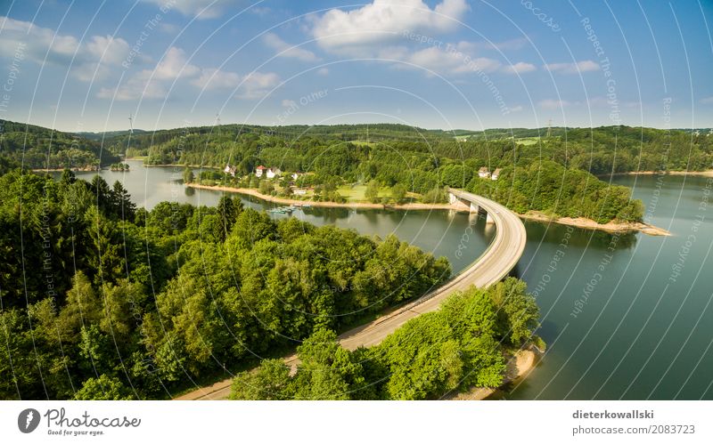 bridge Environment Nature Landscape Sky Forest Coast Small Town Traffic infrastructure Street Bridge Driving Reservoir Wupper Aerial photograph Colour photo