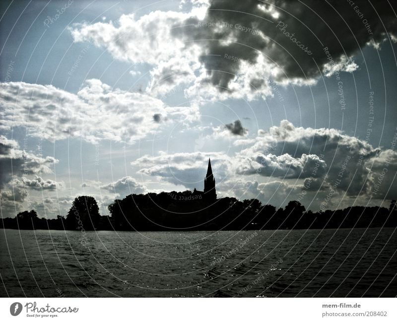 from the water Müritz Water Clouds Church roebel Mecklenburg-Western Pomerania Vacation & Travel Germany Lake-plateau Interior lake Island Back-light Sunlight