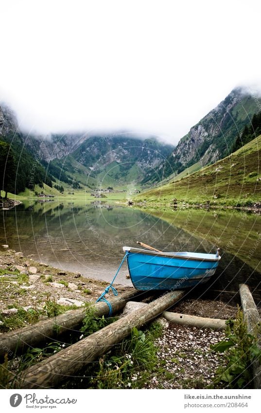 Boating to the end of the world? Calm Trip Far-off places Summer vacation Mountain Nature Landscape Water Sky Clouds Spring Weather Bad weather Fog Rock Alps