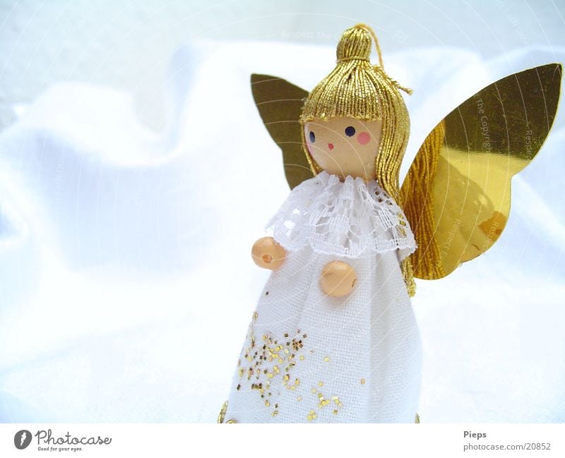 Little white angel (2) Colour photo Interior shot Copy Space left Neutral Background Design Winter Decoration Angel Glittering Kitsch Gold White Anticipation