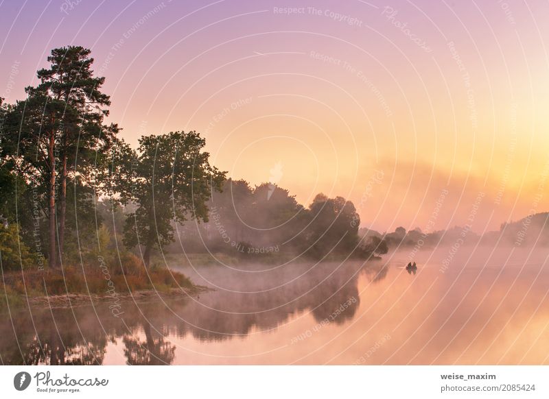 Misty morning on the lake. Fishing boat at a foggy river Summer Nature Landscape Sky Horizon Fog Tree Bushes Lakeside River bank Pond Watercraft Red fishing