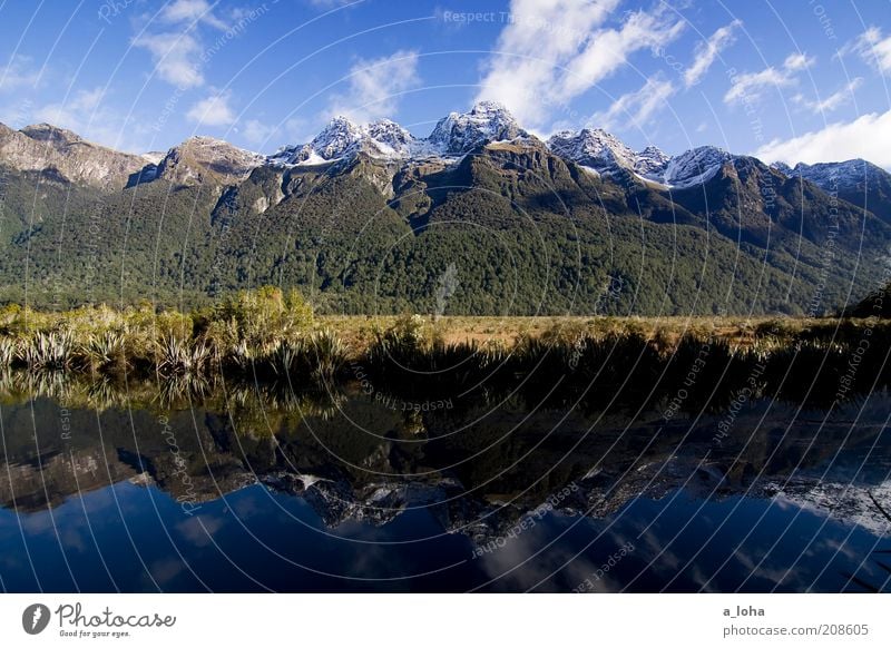 mirror lakes Nature Landscape Elements Water Sky Clouds Sunlight Autumn Beautiful weather Forest Rock Mountain Snowcapped peak Lakeside Mirror Relaxation