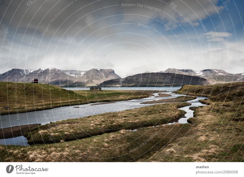 Amarfjördur Nature Landscape Water Sky Clouds Horizon Spring Beautiful weather Wind Grass Hill Rock Mountain Glacier Coast River bank Fjord Ocean Gigantic Blue