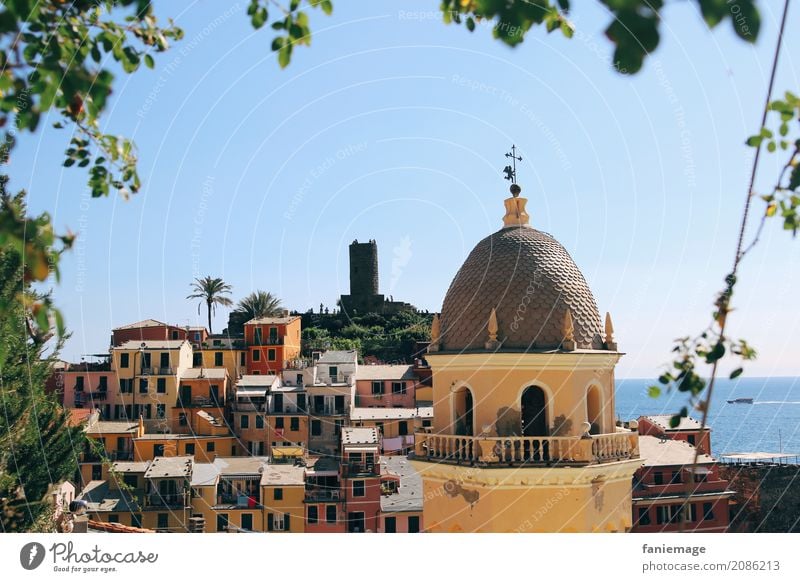 Cinque Terre VIII Village Fishing village Small Town Port City Downtown Maritime Vernazza Church spire Frame Yellow Multicoloured Mediterranean Italy Italian