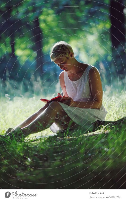 #A# In the morning in the park Art Work of art Esthetic Park Idyll Woman Green Relaxation Reading Write Exterior shot Summer Summery Calm Remote Resting point