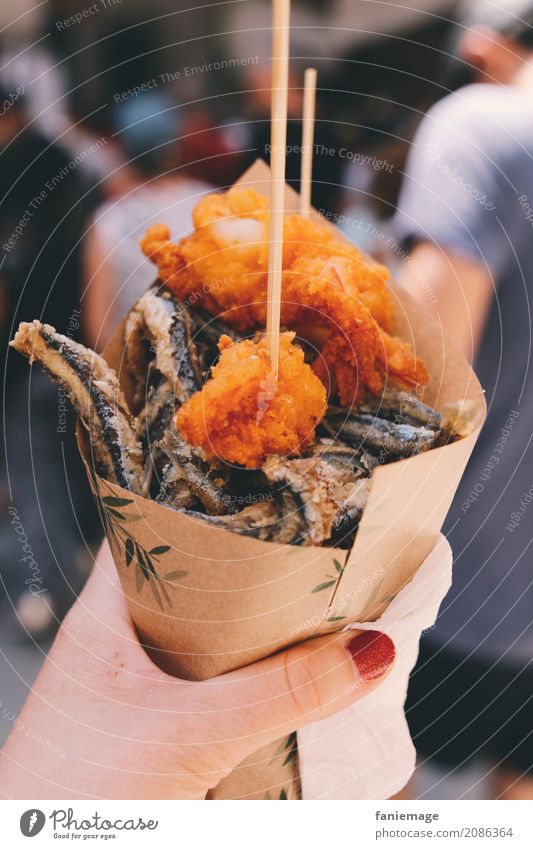 Cinque Terre XXIII Lifestyle Hot Delicious deep-fried Fish Paper bag Snack Food photograph Eating Sardine Shrimps Impaled Nail polish Hand Woman Lunch