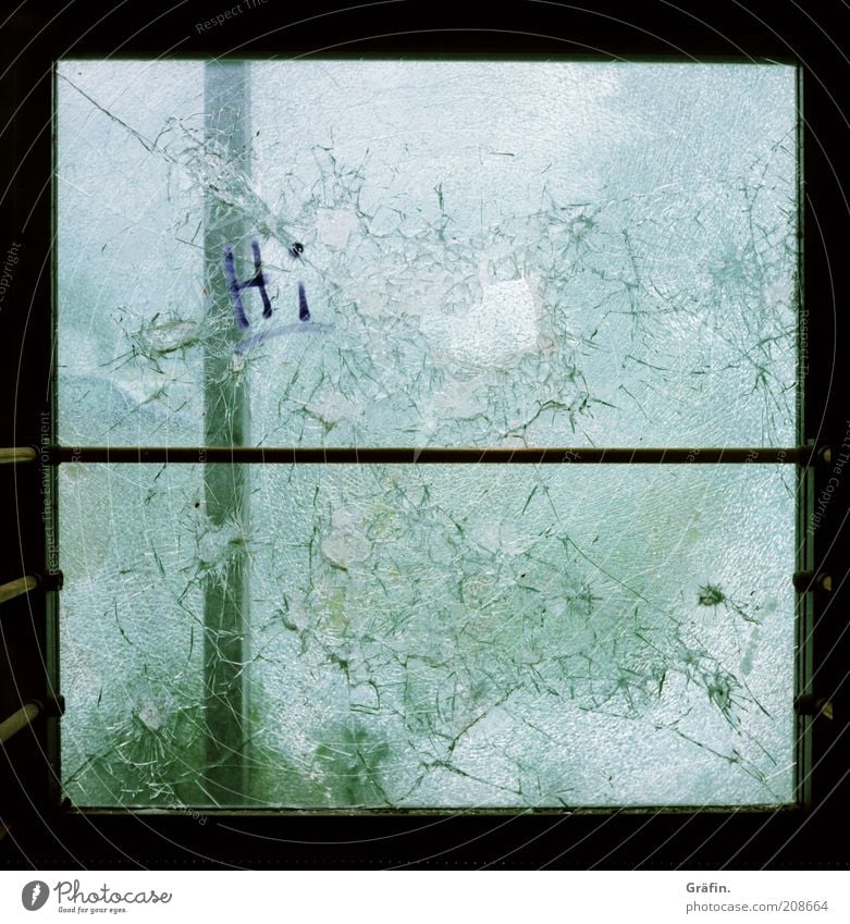 [H 10.1] Smashed to pieces Window Glass Metal Dirty Dark Broken Trashy Green Destruction Rupture Fragile Colour photo Interior shot Lomography Deserted