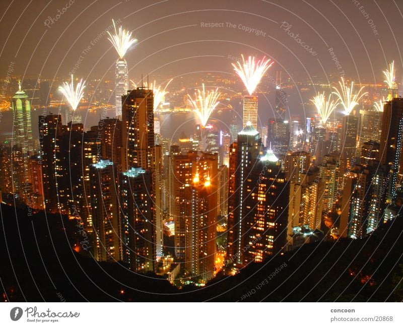 Hong Kong Fireworks Night Laser High-rise Might Multicoloured Hongkong China Success Victoria Peak Vantage point Firecracker Skyline Large Gigantic Lamp