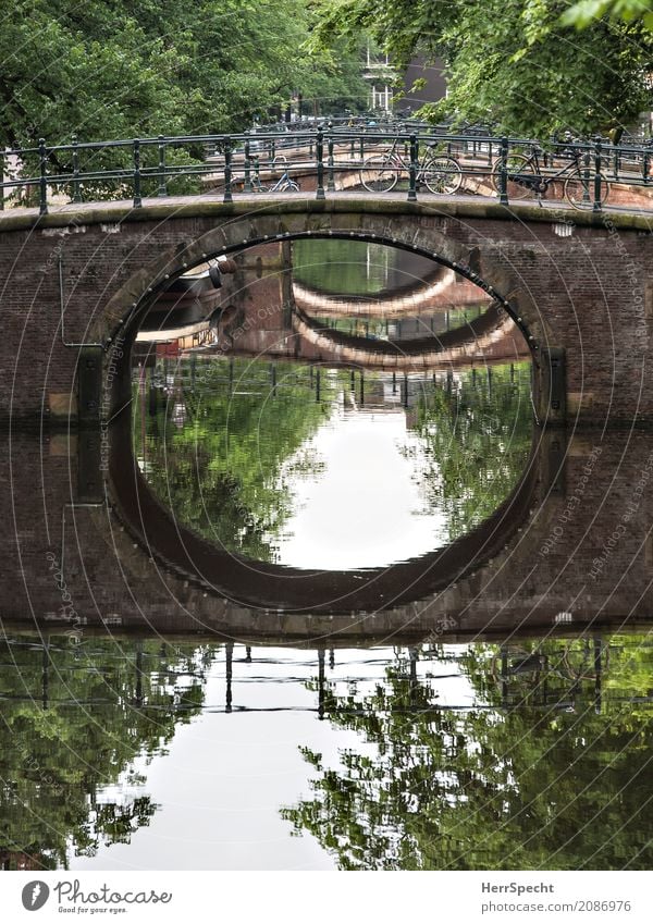 three-bridge canal Amsterdam Downtown Bridge Manmade structures Traffic infrastructure Channel Bicycle Esthetic Round Vista Perspective Tree Avenue Historic