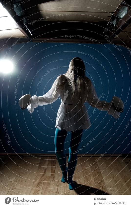 .... Human being Feminine Carrying Modern dance Blue Whimsical Tights Shirt Back-light Colour photo Subdued colour Interior shot Full-length Downward White